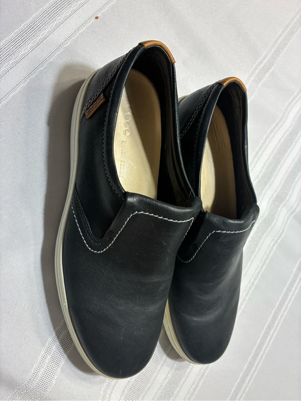 Ecco Black Leather Slip-On Loafers with White Sole